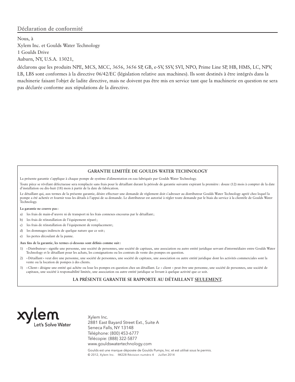 Déclaration de conformité | Bell & Gossett IM228R04 e-SV User Manual | Page 64 / 64