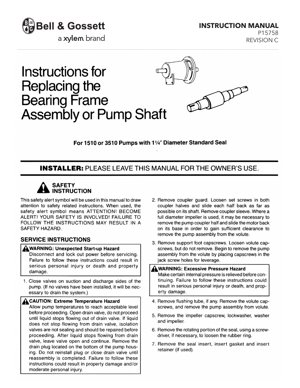 Bell & Gossett P15758C Replacing the Bearing Frame Assembly or Pump Shaft User Manual | 5 pages