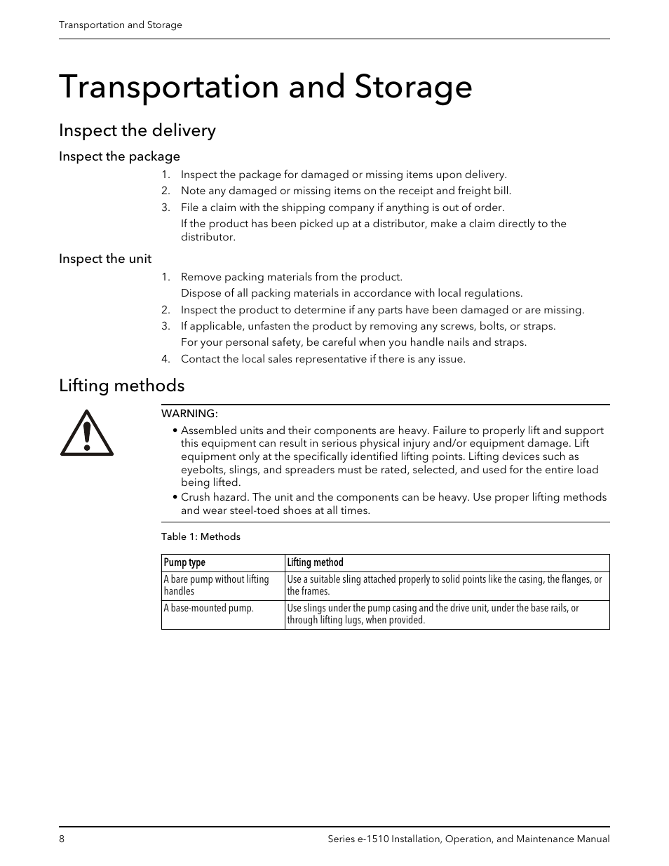 Transportation and storage, Inspect the delivery, Inspect the package | Inspect the unit, Lifting methods, Inspect the package inspect the unit | Bell & Gossett P2001406C Series e-1510 Centrifugal Pumps User Manual | Page 10 / 40