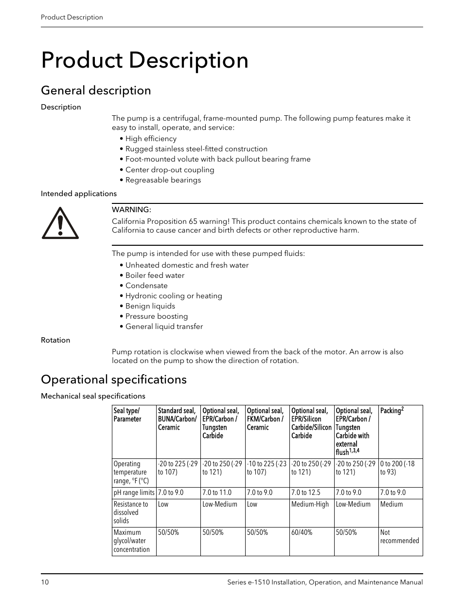 Product description, General description, Operational specifications | General description operational specifications | Bell & Gossett P2001406C Series e-1510 Centrifugal Pumps User Manual | Page 12 / 40