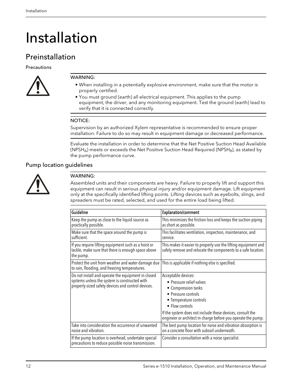 Installation, Preinstallation, Pump location guidelines | Bell & Gossett P2001406C Series e-1510 Centrifugal Pumps User Manual | Page 14 / 40