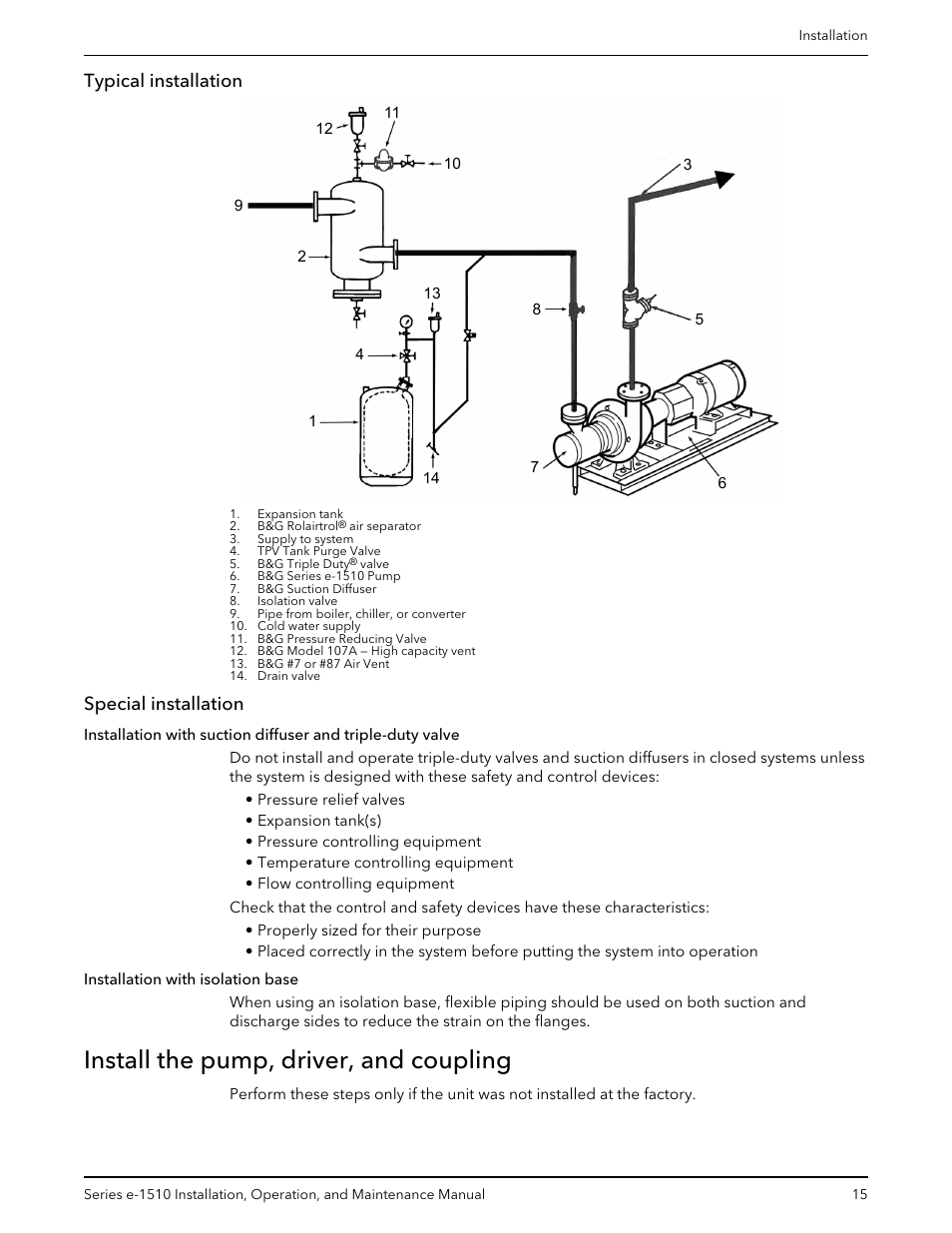 Typical installation, Special installation, Install the pump, driver, and coupling | Typical installation special installation | Bell & Gossett P2001406C Series e-1510 Centrifugal Pumps User Manual | Page 17 / 40