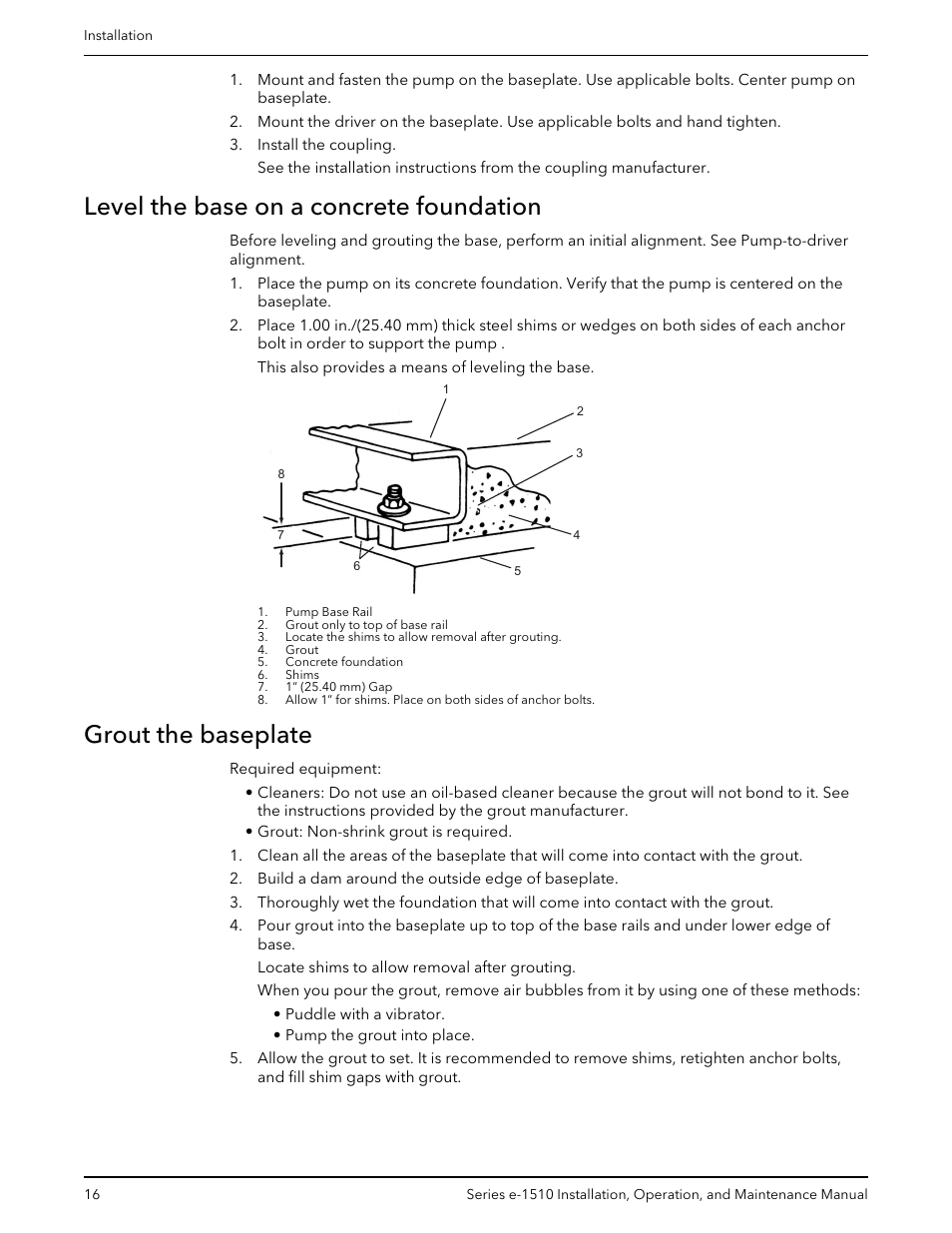 Level the base on a concrete foundation, Grout the baseplate | Bell & Gossett P2001406C Series e-1510 Centrifugal Pumps User Manual | Page 18 / 40