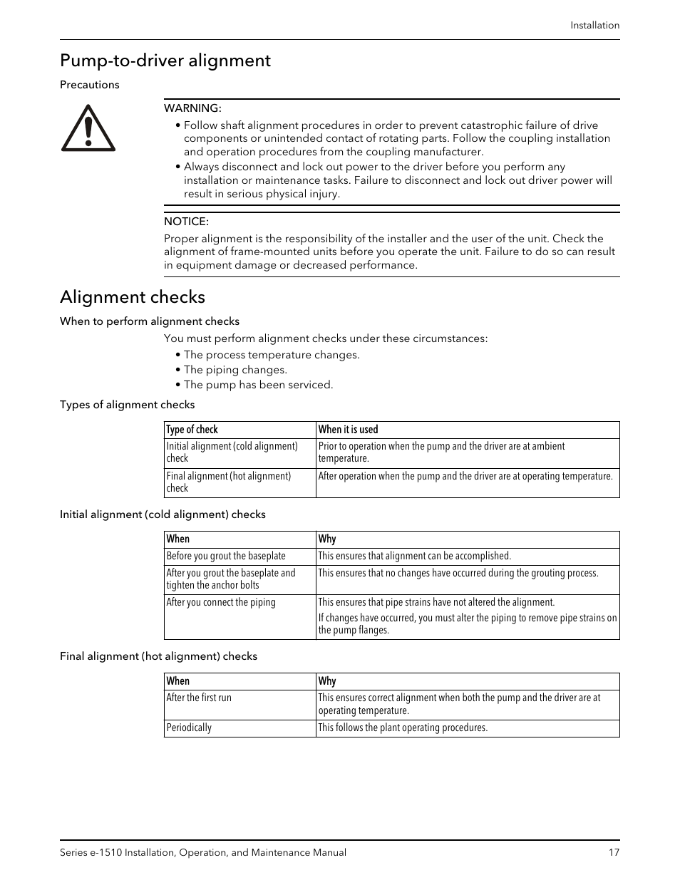 Pump-to-driver alignment, Alignment checks, Pump-to-driver alignment alignment checks | Bell & Gossett P2001406C Series e-1510 Centrifugal Pumps User Manual | Page 19 / 40