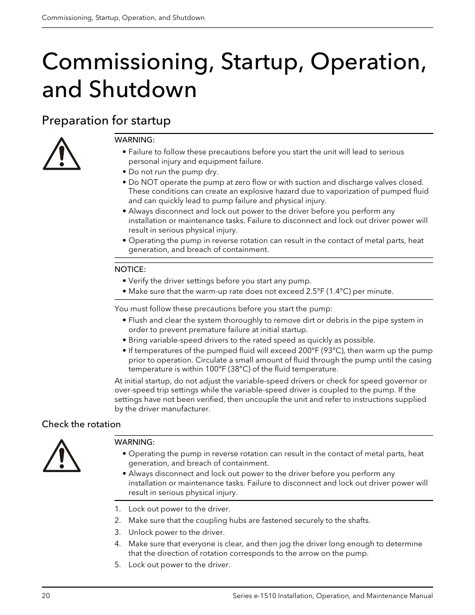 Commissioning, startup, operation, and shutdown, Preparation for startup, Check the rotation | Bell & Gossett P2001406C Series e-1510 Centrifugal Pumps User Manual | Page 22 / 40