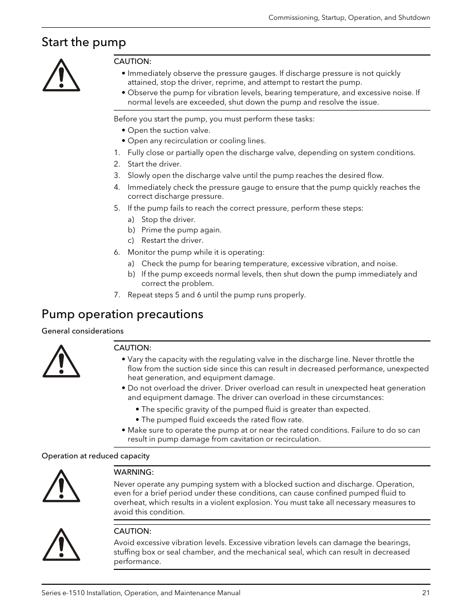 Start the pump, Pump operation precautions, Start the pump pump operation precautions | Bell & Gossett P2001406C Series e-1510 Centrifugal Pumps User Manual | Page 23 / 40