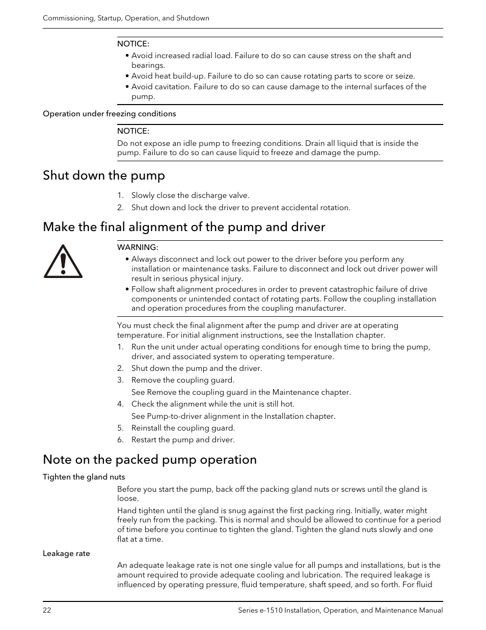 Shut down the pump, Make the final alignment of the pump and driver, Note on the packed pump operation | Bell & Gossett P2001406C Series e-1510 Centrifugal Pumps User Manual | Page 24 / 40