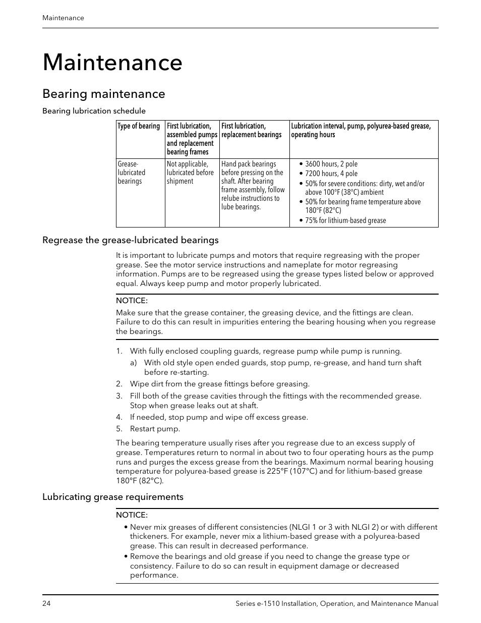 Maintenance, Bearing maintenance, Regrease the grease-lubricated bearings | Lubricating grease requirements | Bell & Gossett P2001406C Series e-1510 Centrifugal Pumps User Manual | Page 26 / 40