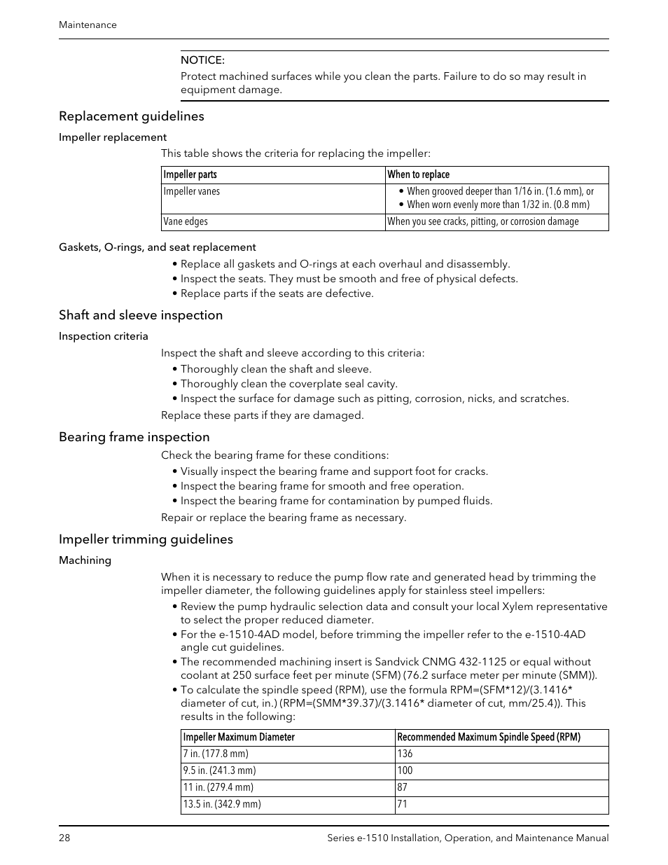 Replacement guidelines, Shaft and sleeve inspection, Bearing frame inspection | Impeller trimming guidelines | Bell & Gossett P2001406C Series e-1510 Centrifugal Pumps User Manual | Page 30 / 40