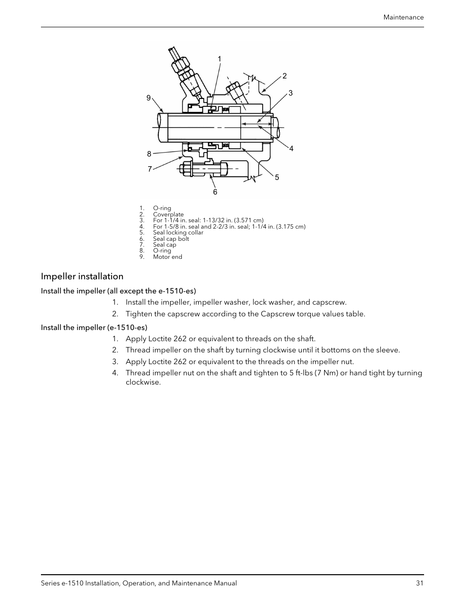 Impeller installation, Install the impeller (all except the e-1510-es), Install the impeller (e-1510-es) | Bell & Gossett P2001406C Series e-1510 Centrifugal Pumps User Manual | Page 33 / 40
