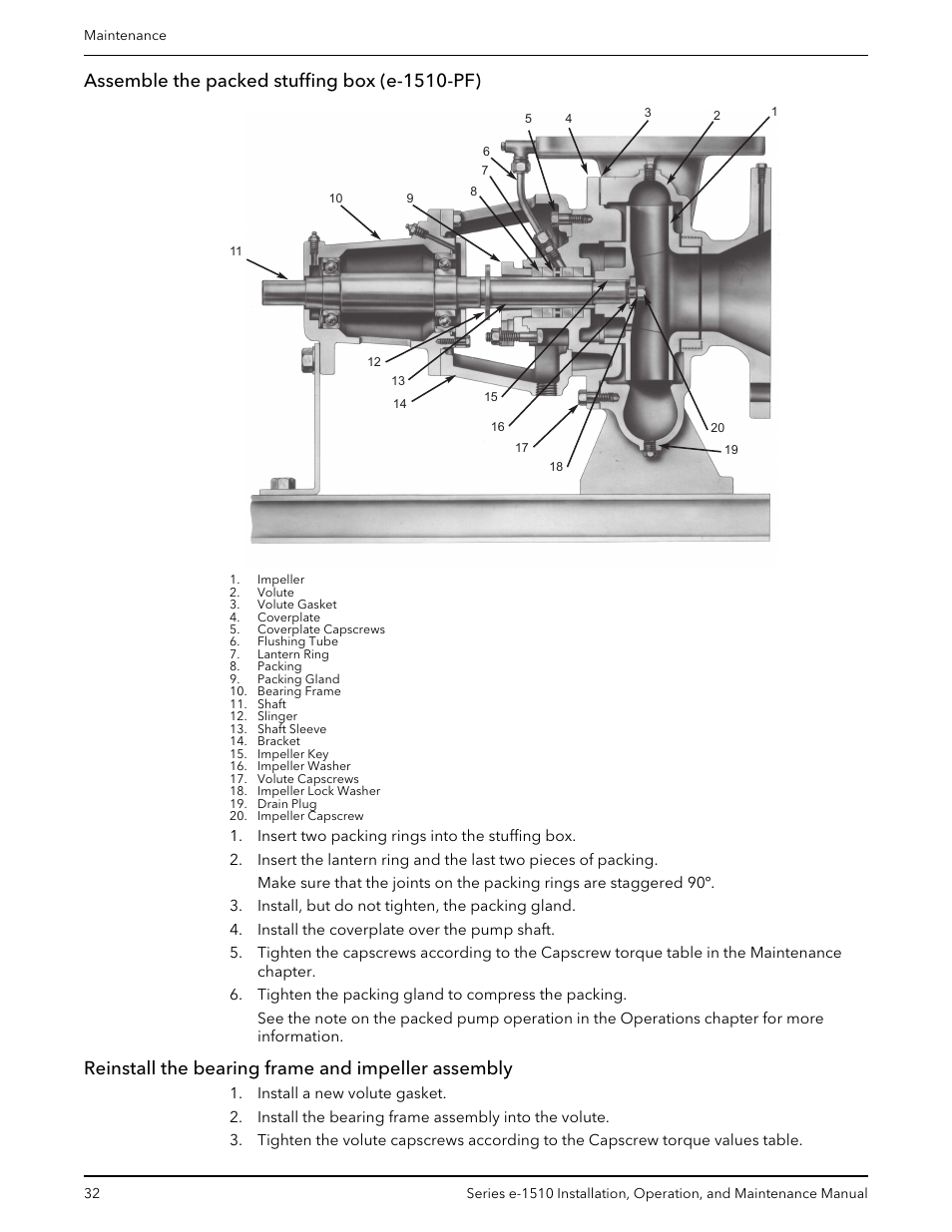 Assemble the packed stuffing box (e-1510-pf), Reinstall the bearing frame and impeller assembly | Bell & Gossett P2001406C Series e-1510 Centrifugal Pumps User Manual | Page 34 / 40