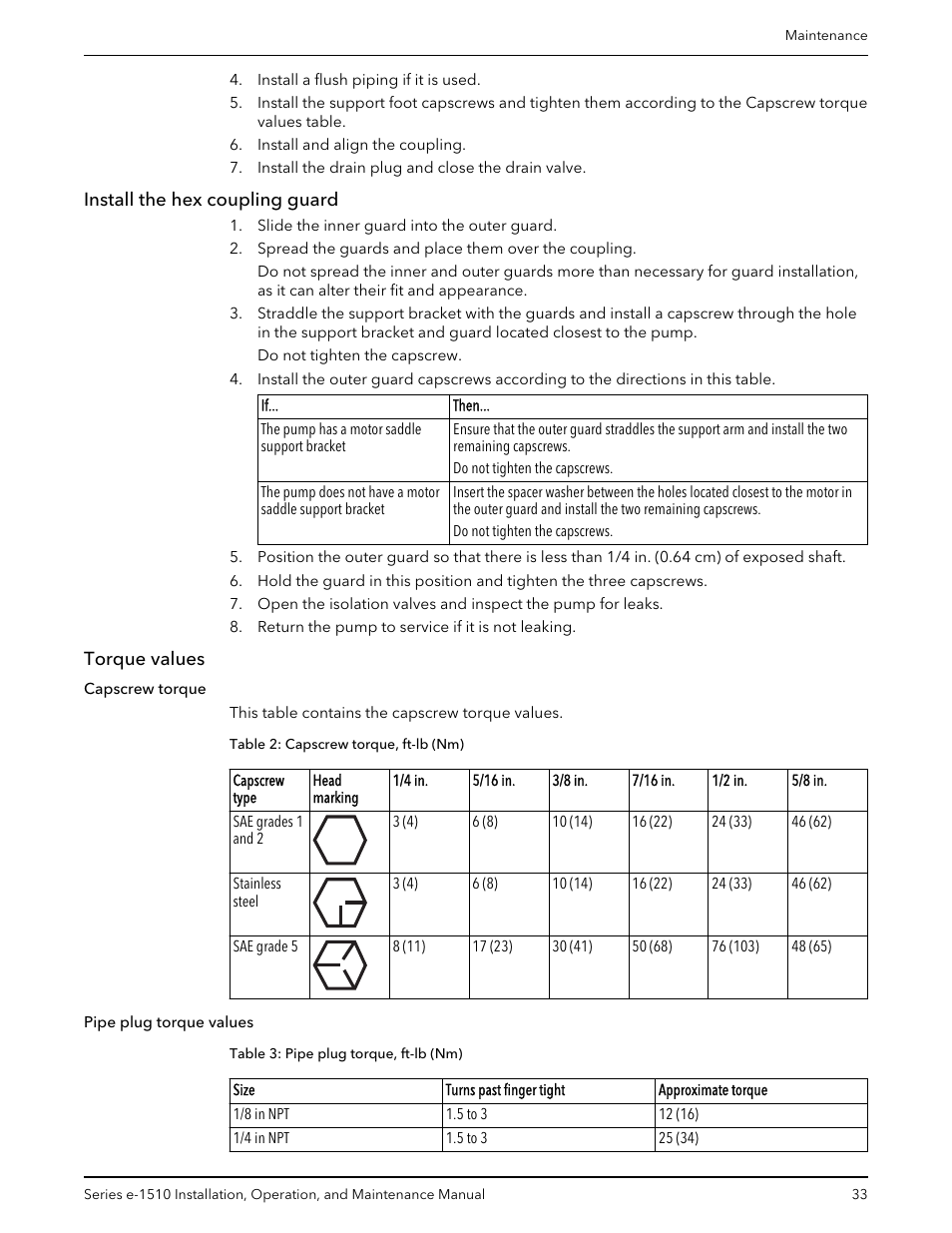 Install the hex coupling guard, Torque values, Install the hex coupling guard torque values | Bell & Gossett P2001406C Series e-1510 Centrifugal Pumps User Manual | Page 35 / 40