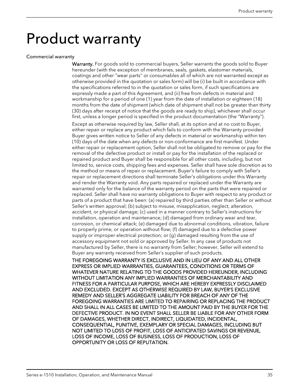 Product warranty | Bell & Gossett P2001406C Series e-1510 Centrifugal Pumps User Manual | Page 37 / 40