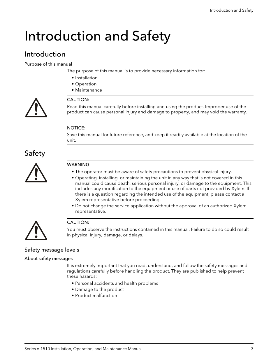 Introduction and safety, Introduction, Safety | Safety message levels, Introduction safety | Bell & Gossett P2001406C Series e-1510 Centrifugal Pumps User Manual | Page 5 / 40