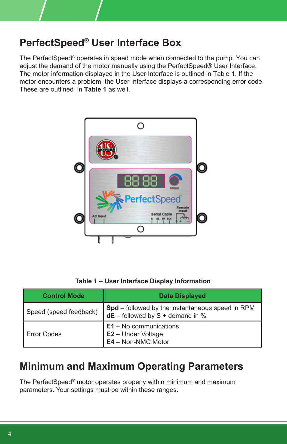 Perfectspeed, User interface box, Minimum and maximum operating parameters | Bell & Gossett P2002290A Series e-90 ECM Motor IOM User Manual | Page 6 / 18