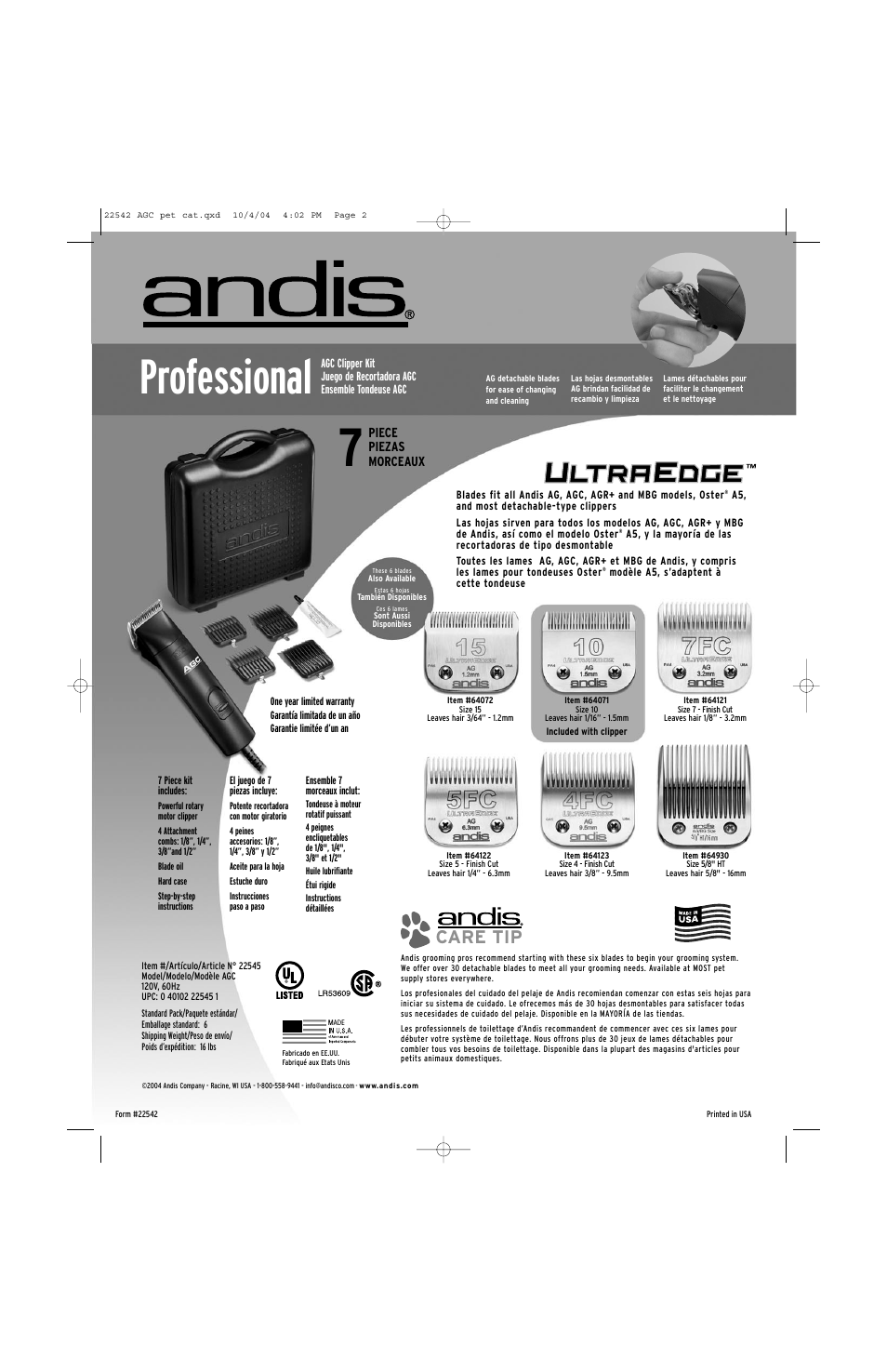 Professional, Care tip | Andis Company Clipper Men's Shaver AGC User Manual | Page 2 / 2