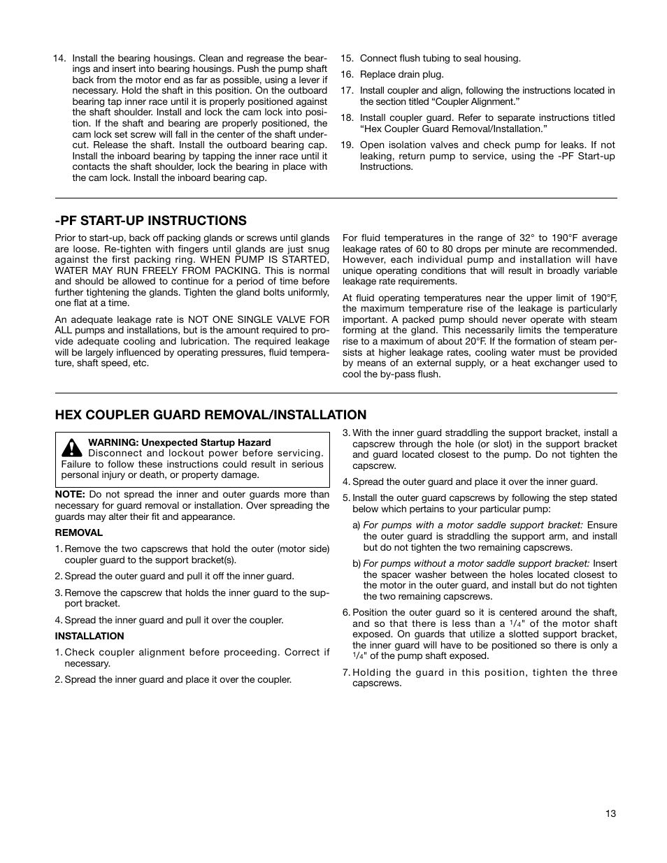 Pf start-up instructions, Hex coupler guard removal/installation | Bell & Gossett P81630F Series VSCS Base Mounted Centrifugal Pumps User Manual | Page 13 / 15