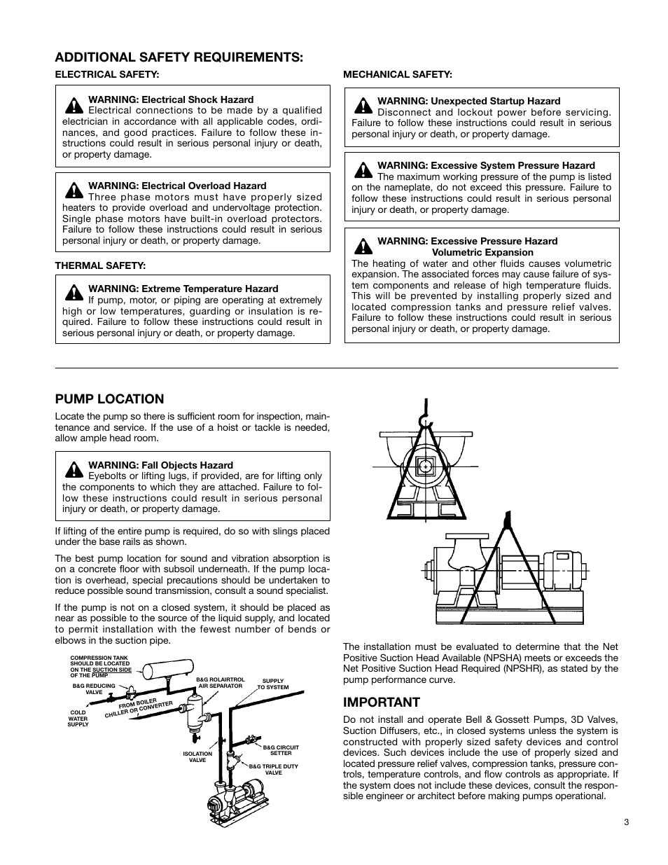 Additional safety requirements, Pump location, Important | Bell & Gossett P81630F Series VSCS Base Mounted Centrifugal Pumps User Manual | Page 3 / 15