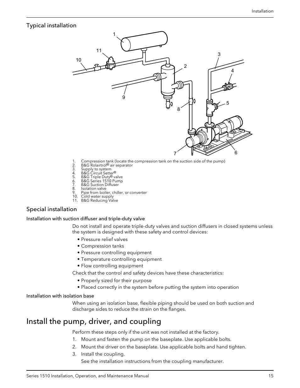 Typical installation, Special installation, Install the pump, driver, and coupling | Typical installation special installation | Bell & Gossett P81673 REV I Series 1510 User Manual | Page 17 / 44