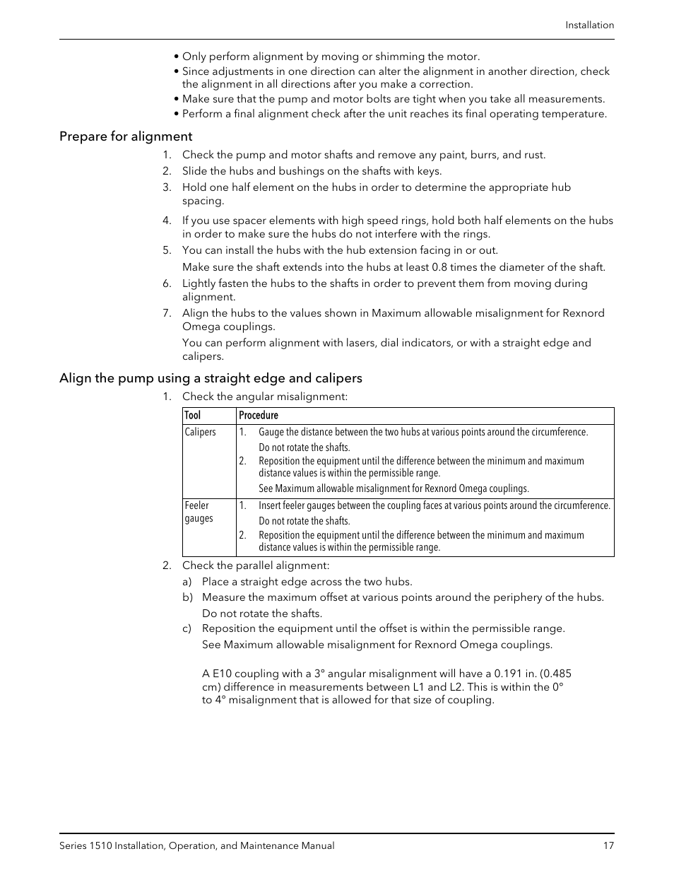 Prepare for alignment, Align the pump using a straight edge and calipers | Bell & Gossett P81673 REV I Series 1510 User Manual | Page 19 / 44