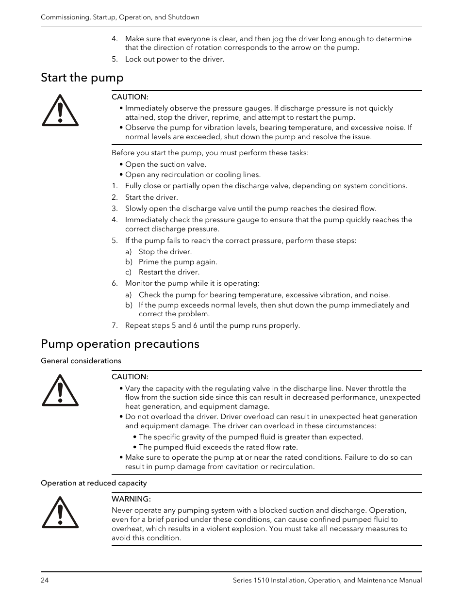 Start the pump, Pump operation precautions, Start the pump pump operation precautions | Bell & Gossett P81673 REV I Series 1510 User Manual | Page 26 / 44
