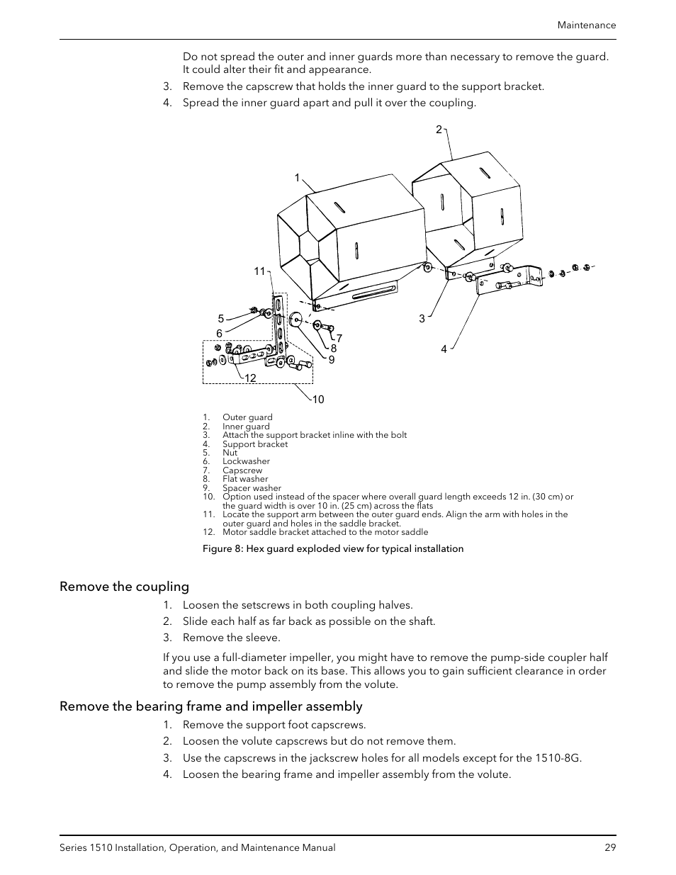 Remove the coupling, Remove the bearing frame and impeller assembly | Bell & Gossett P81673 REV I Series 1510 User Manual | Page 31 / 44
