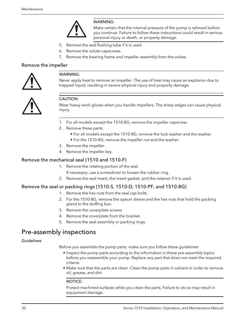 Remove the impeller, Remove the mechanical seal (1510 and 1510-f), Pre-assembly inspections | Bell & Gossett P81673 REV I Series 1510 User Manual | Page 32 / 44