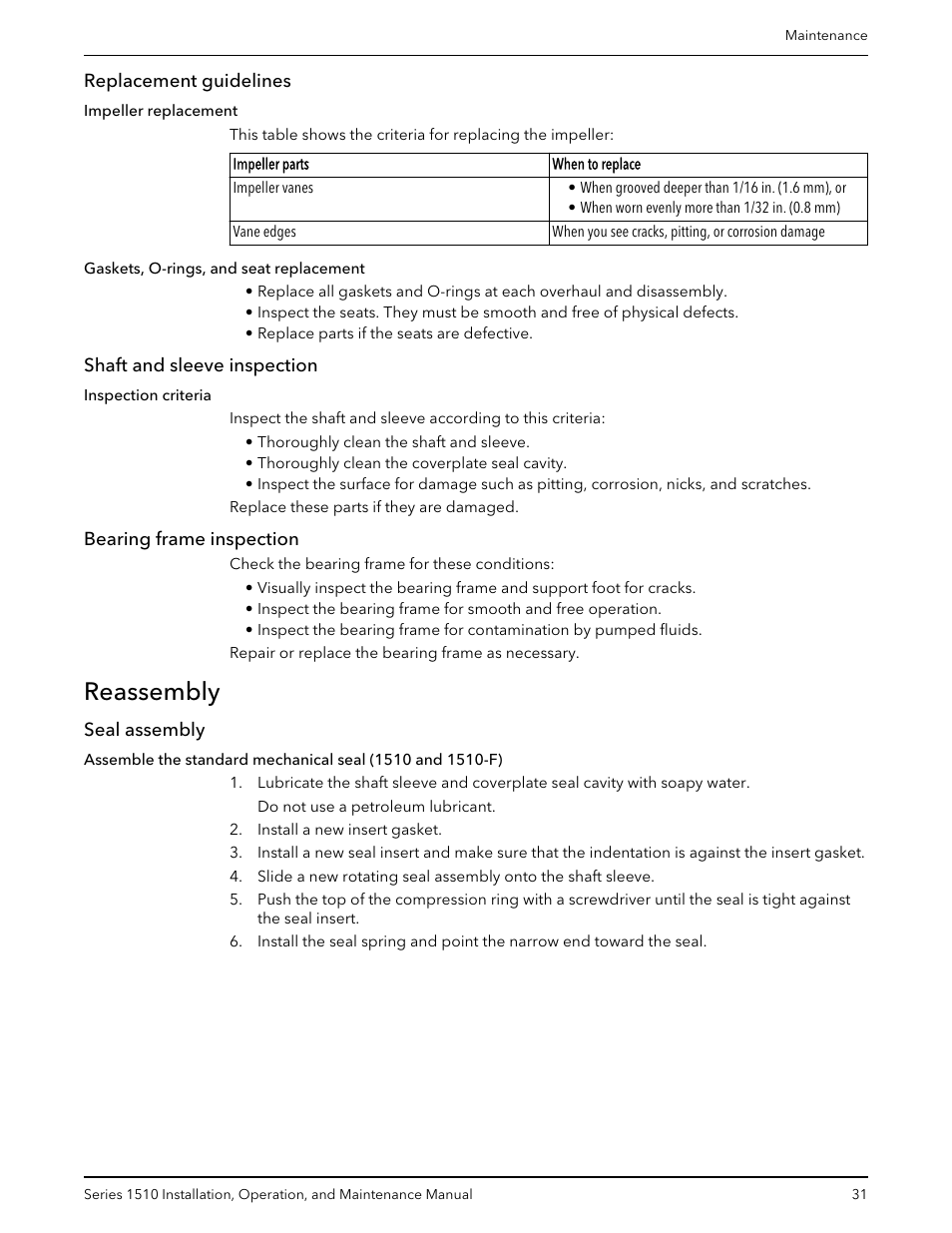 Replacement guidelines, Shaft and sleeve inspection, Bearing frame inspection | Reassembly, Seal assembly | Bell & Gossett P81673 REV I Series 1510 User Manual | Page 33 / 44
