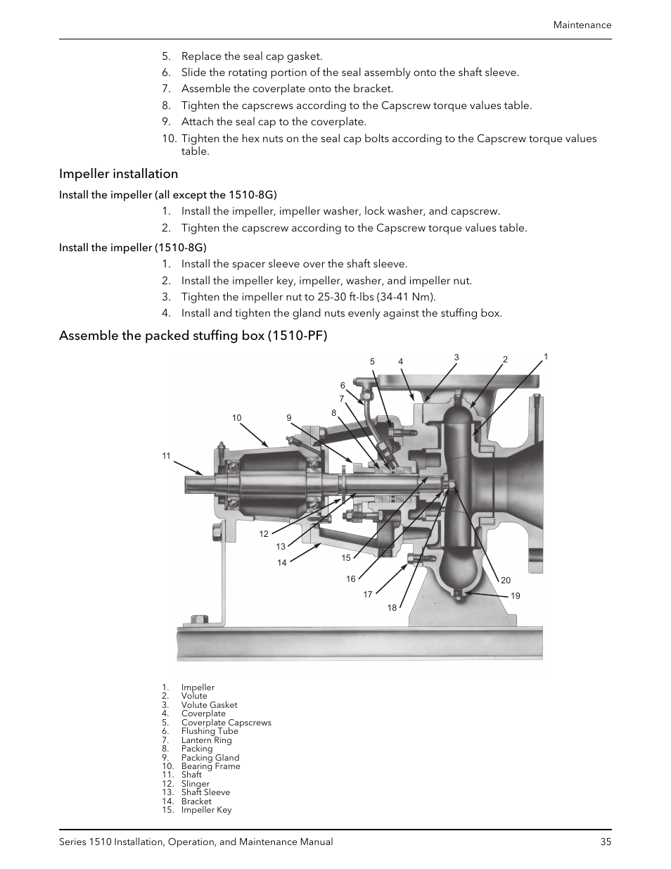 Impeller installation, Install the impeller (all except the 1510-8g), Install the impeller (1510-8g) | Assemble the packed stuffing box (1510-pf) | Bell & Gossett P81673 REV I Series 1510 User Manual | Page 37 / 44