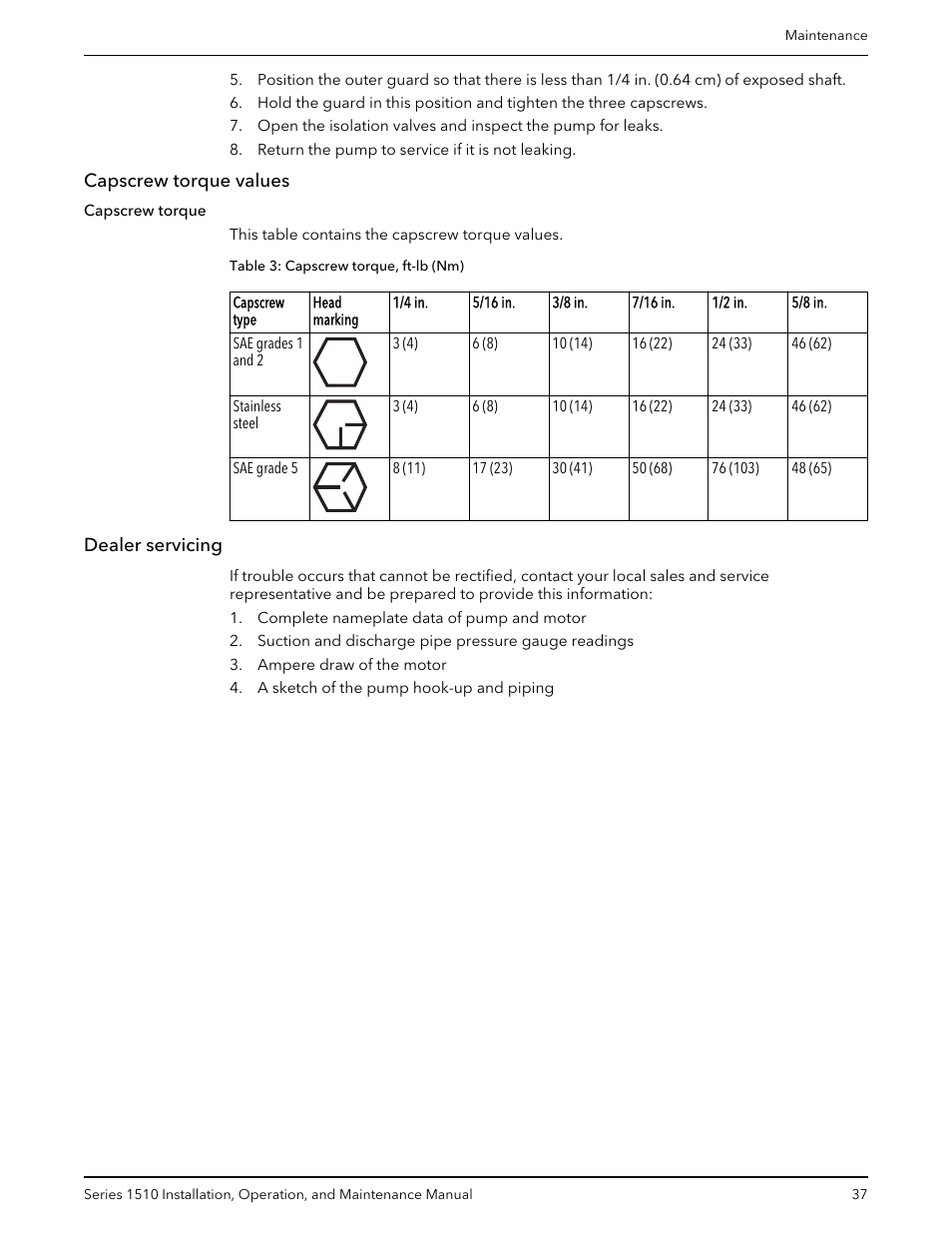 Capscrew torque values, Dealer servicing, Capscrew torque values dealer servicing | Bell & Gossett P81673 REV I Series 1510 User Manual | Page 39 / 44