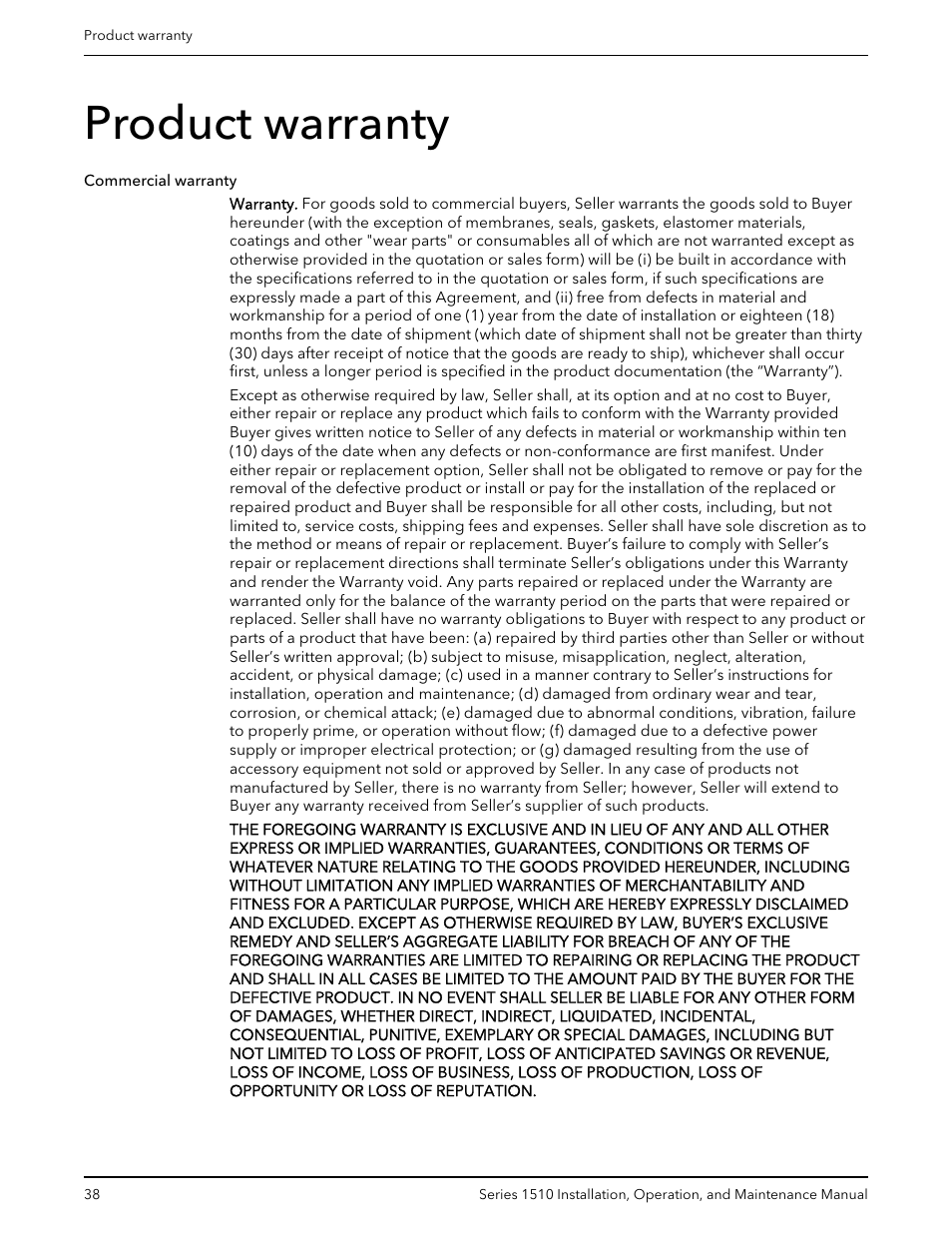 Product warranty | Bell & Gossett P81673 REV I Series 1510 User Manual | Page 40 / 44