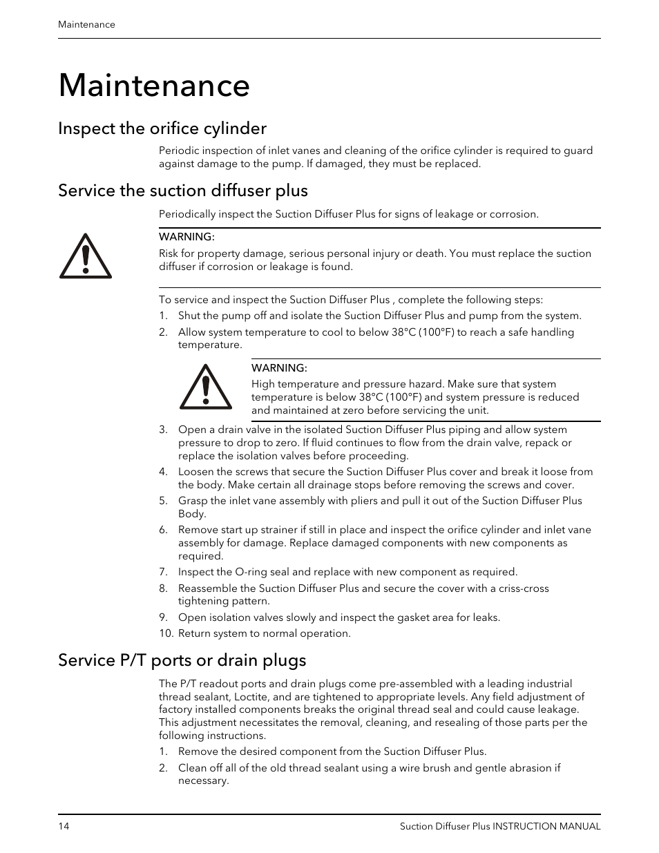Maintenance, Inspect the orifice cylinder, Service the suction diffuser plus | Service p/t ports or drain plugs, Through the suction diffuser plus . see, Service the suction, Diffuser plus | Bell & Gossett V1001576 Suction Diffuser Plus User Manual | Page 16 / 24