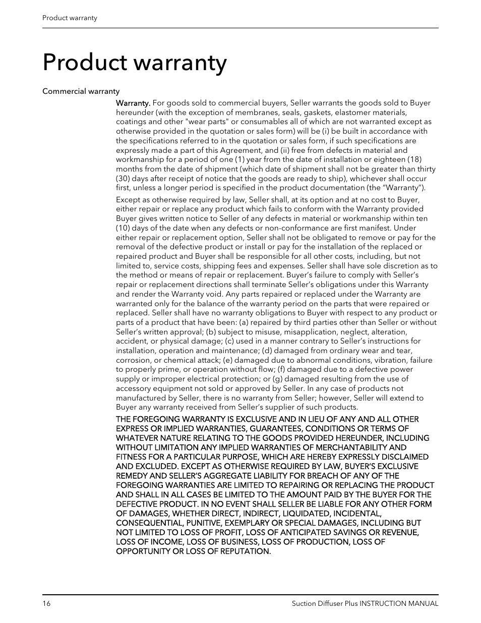 Product warranty | Bell & Gossett V1001576 Suction Diffuser Plus User Manual | Page 18 / 24