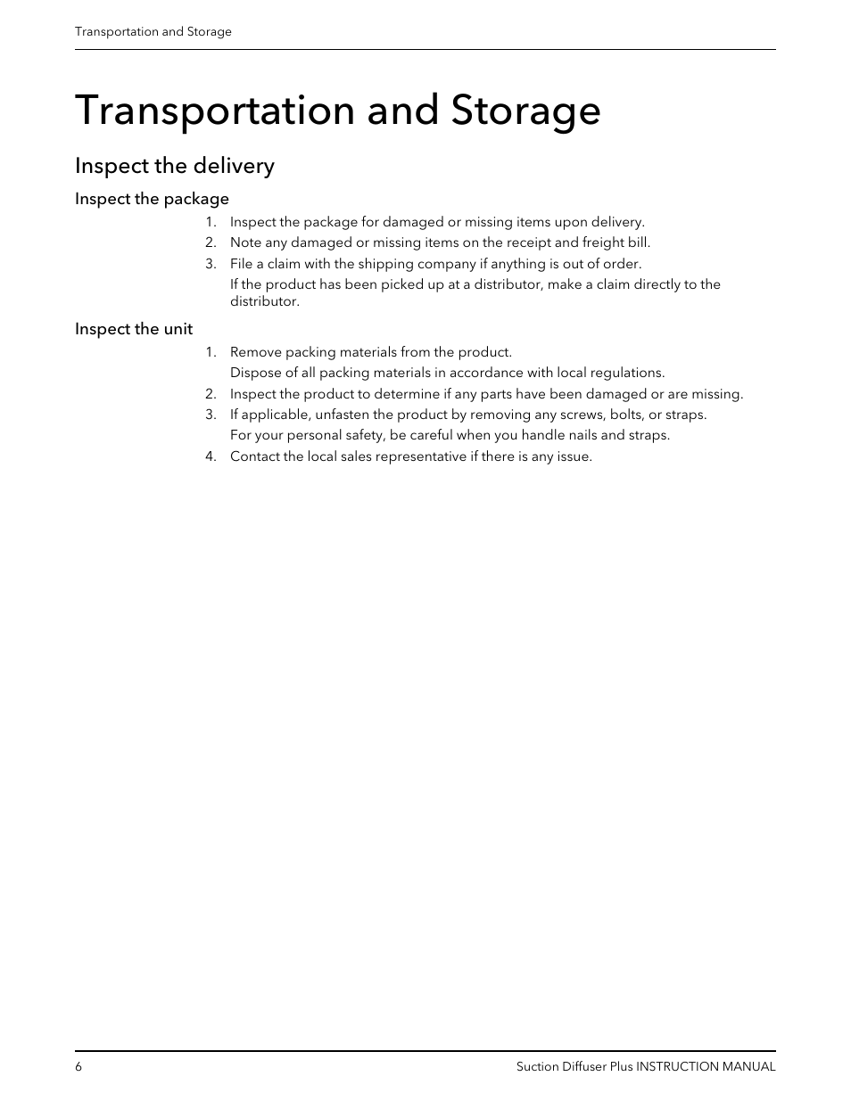 Transportation and storage, Inspect the delivery, Inspect the package | Inspect the unit, Inspect the package inspect the unit | Bell & Gossett V1001576 Suction Diffuser Plus User Manual | Page 8 / 24