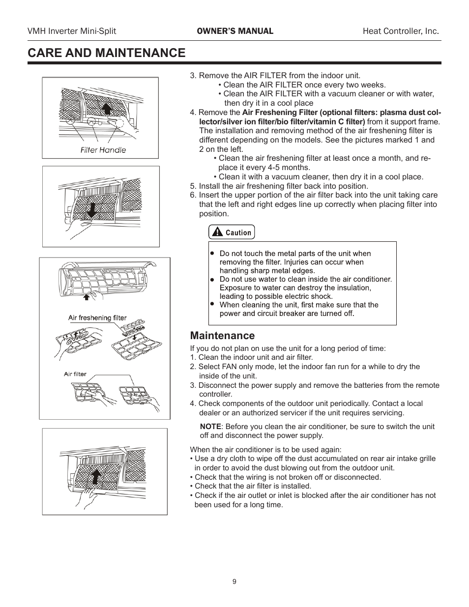 Care and maintenance, Maintenance | Comfort-Aire VMH 24 User Manual | Page 10 / 14