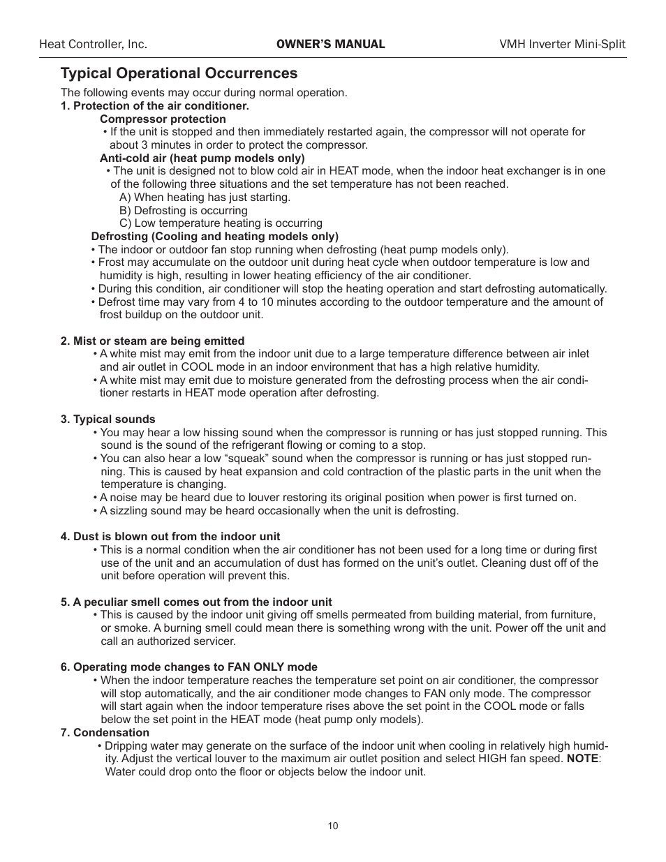 Typical operational occurrences | Comfort-Aire VMH 24 User Manual | Page 11 / 14