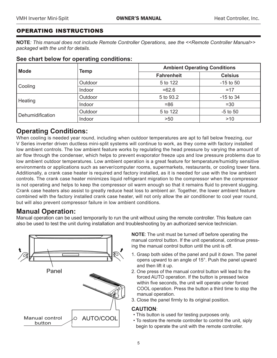 Operating conditions, Manual operation | Comfort-Aire VMH 24 User Manual | Page 6 / 14