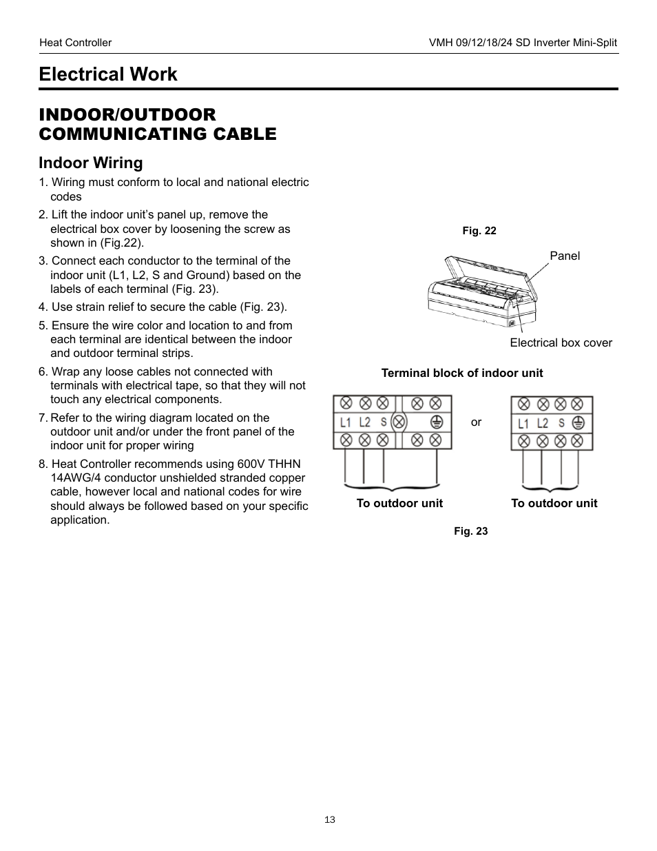Electrical work, Indoor/outdoor communicating cable, Indoor wiring | Comfort-Aire VMH 24 SD User Manual | Page 13 / 16