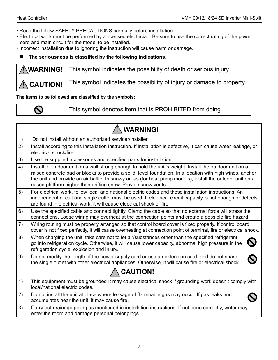 Warning, Caution | Comfort-Aire VMH 24 SD User Manual | Page 3 / 16