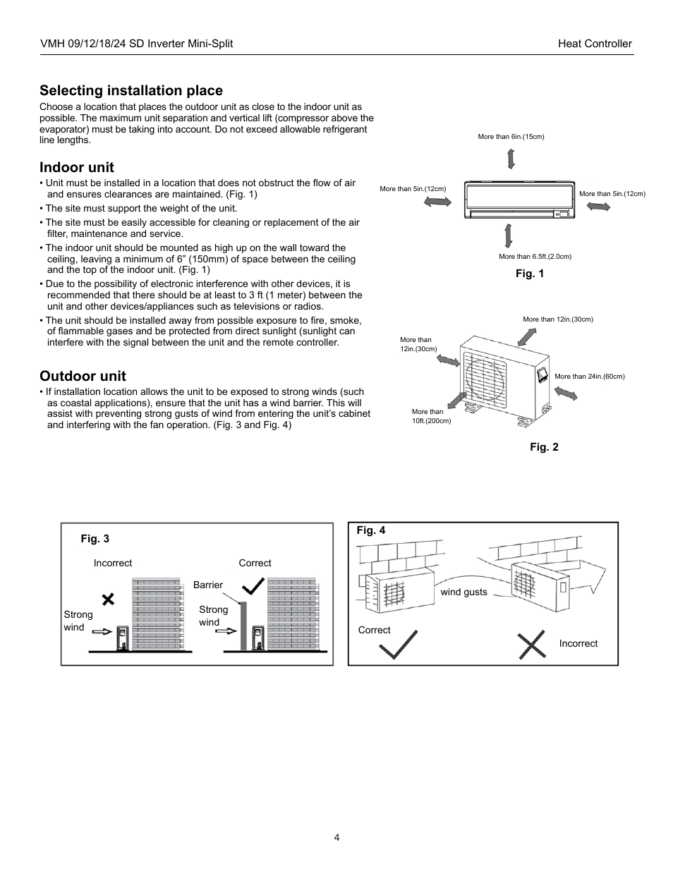 Selecting installation place, Indoor unit, Outdoor unit | Comfort-Aire VMH 24 SD User Manual | Page 4 / 16