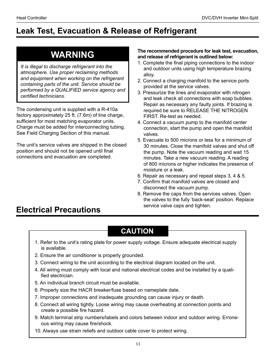 Warning, Leak test, evacuation & release of refrigerant, Electrical precautions | Caution | Comfort-Aire DVH 24 User Manual | Page 11 / 16