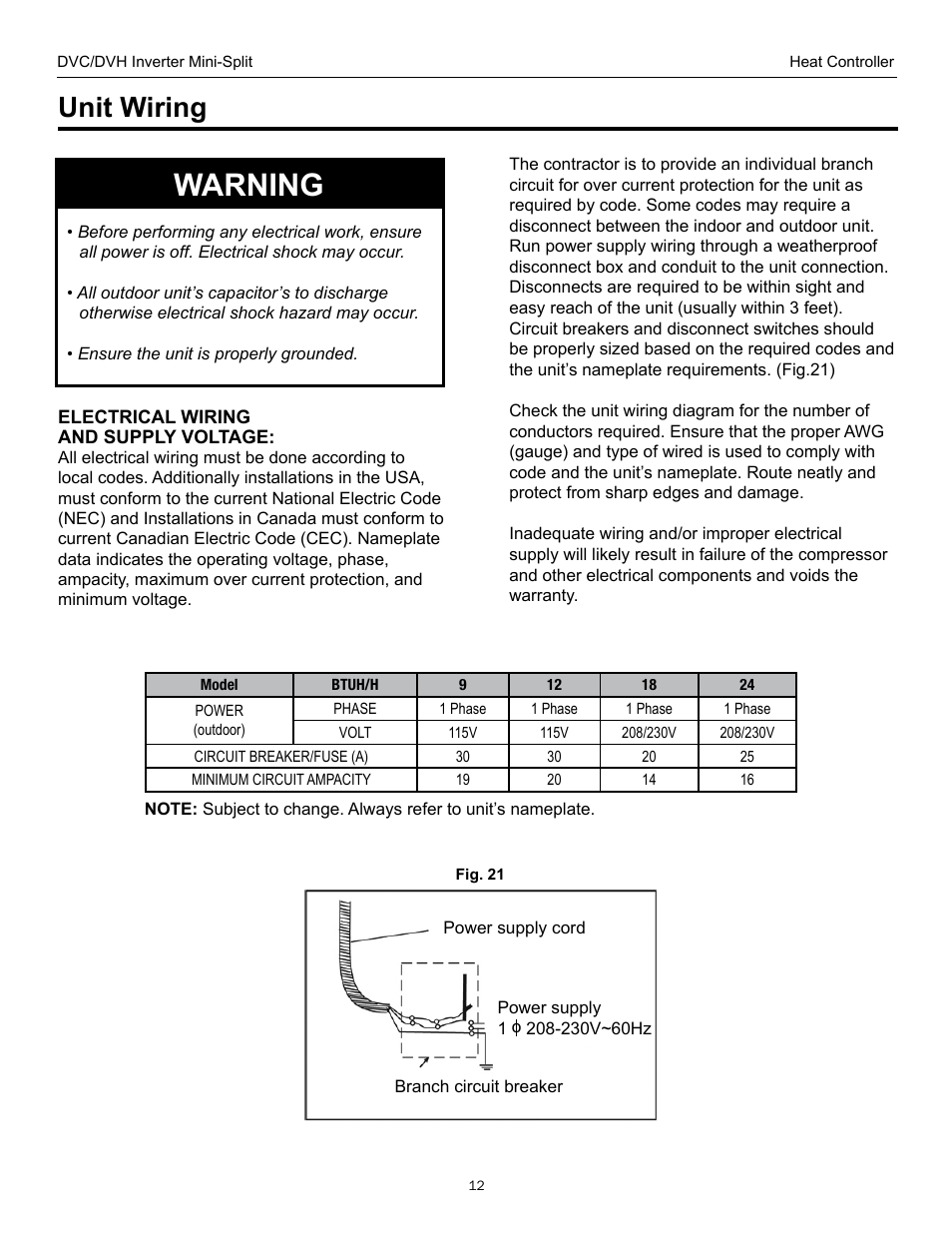 Warning, Unit wiring | Comfort-Aire DVH 24 User Manual | Page 12 / 16