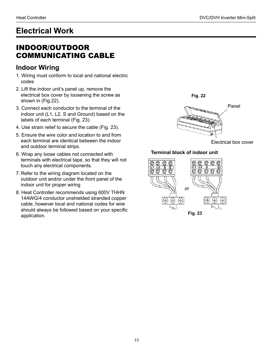 Electrical work, Indoor/outdoor communicating cable, Indoor wiring | Comfort-Aire DVH 24 User Manual | Page 13 / 16
