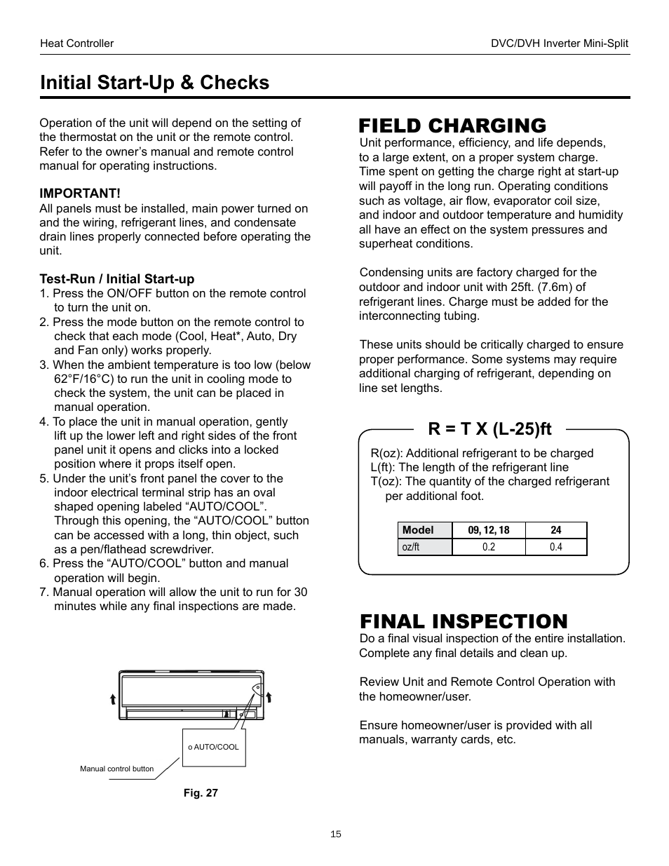 Initial start-up & checks, Field charging, Final inspection | R = t x (l-25)ft | Comfort-Aire DVH 24 User Manual | Page 15 / 16