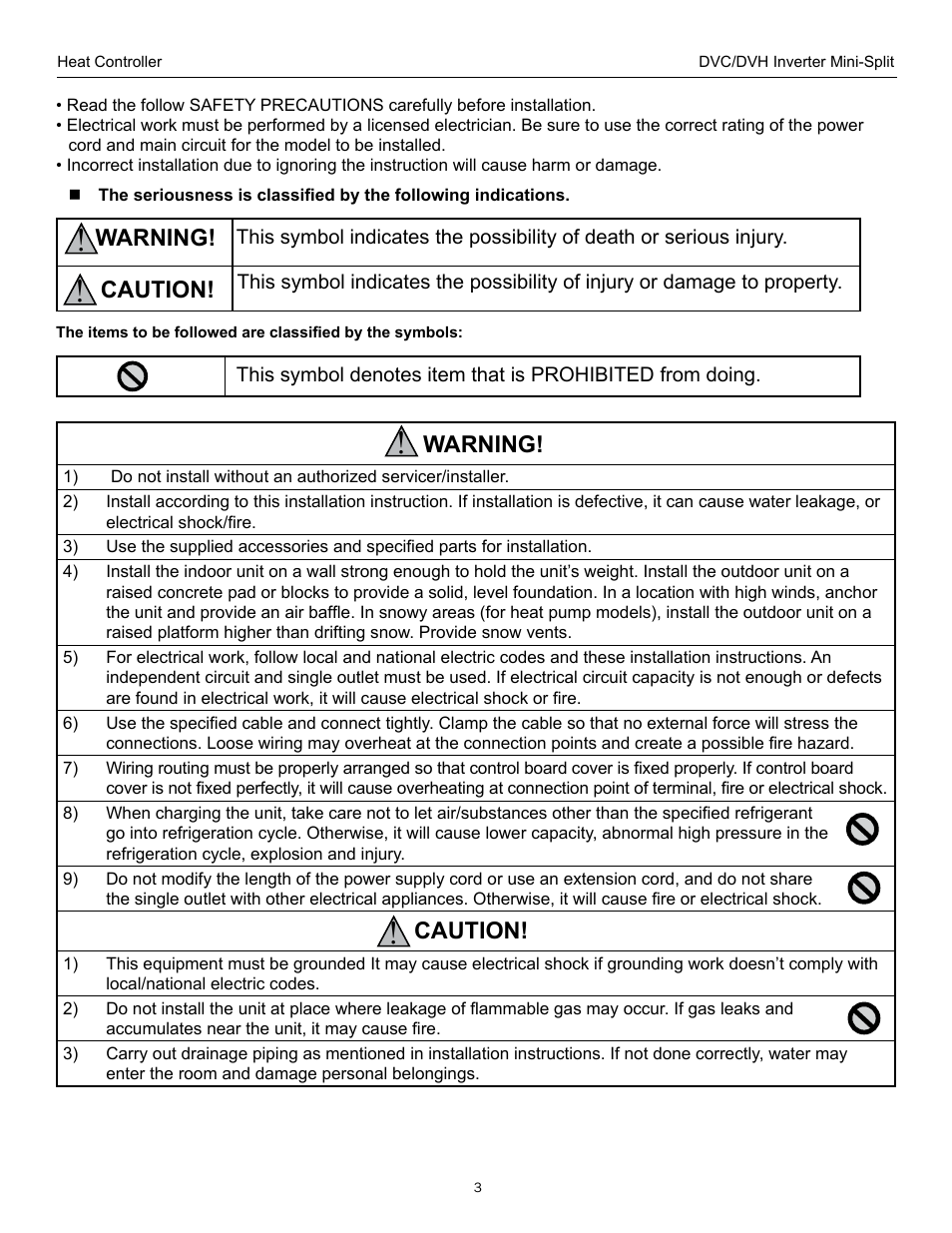 Warning, Caution | Comfort-Aire DVH 24 User Manual | Page 3 / 16