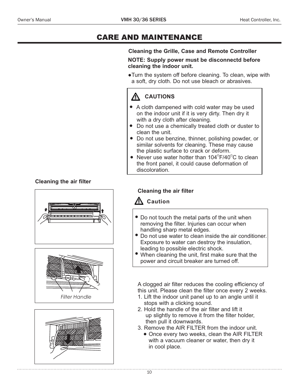Care and maintenance, Operational modes, Heating | Comfort-Aire VMH 36 Series User Manual | Page 10 / 15