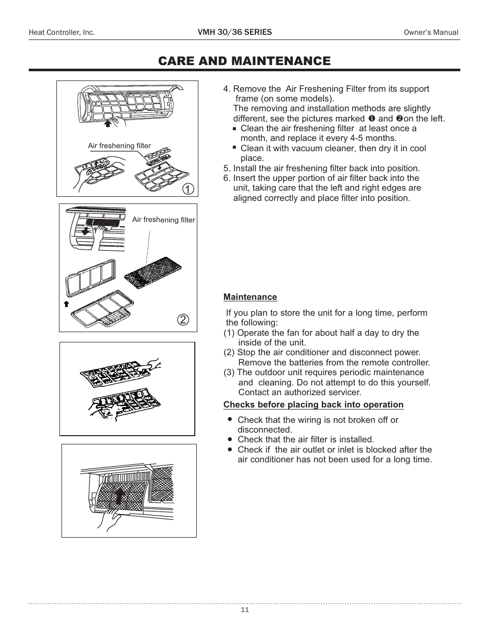 Care and maintenance | Comfort-Aire VMH 36 Series User Manual | Page 11 / 15