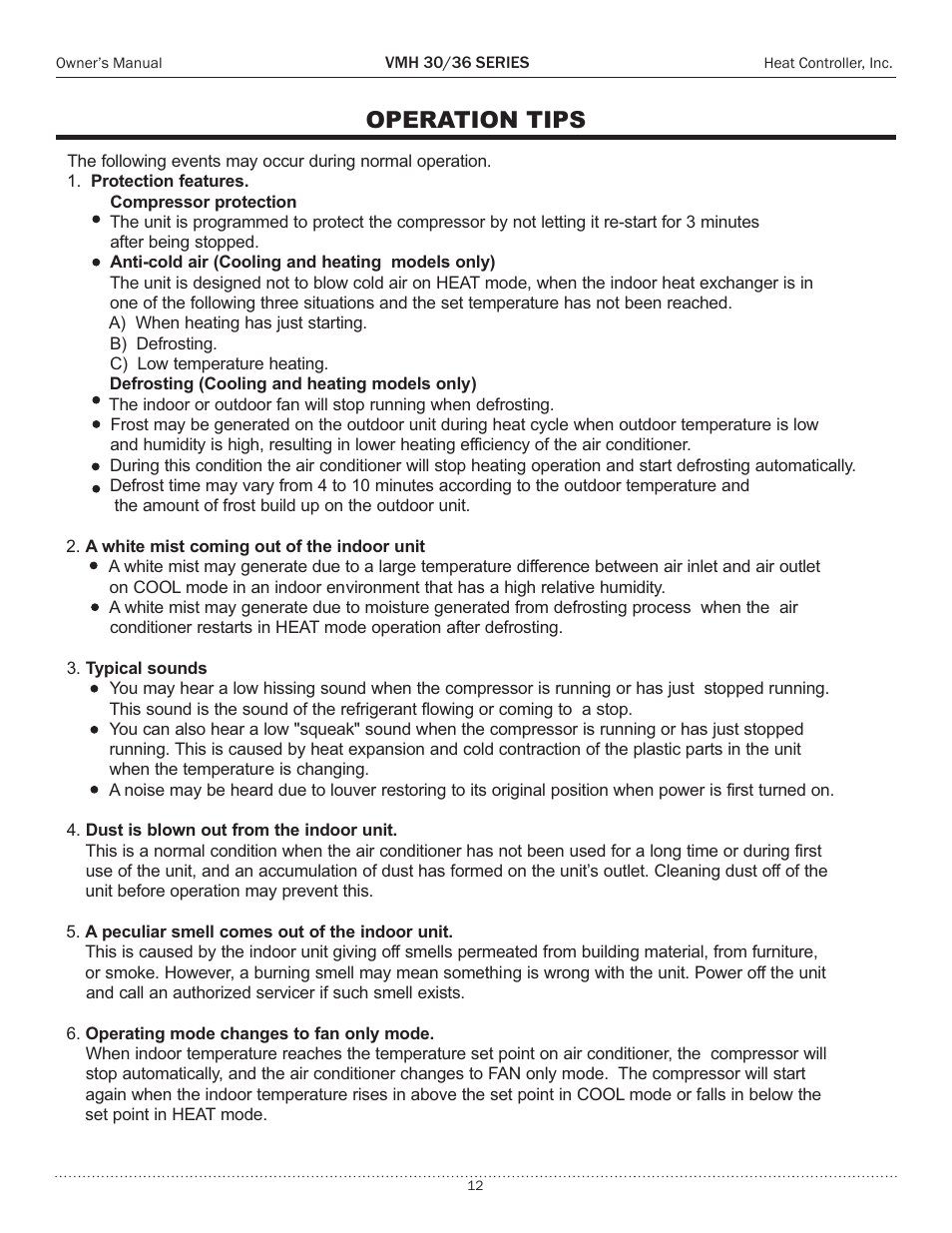 Operation tips | Comfort-Aire VMH 36 Series User Manual | Page 12 / 15