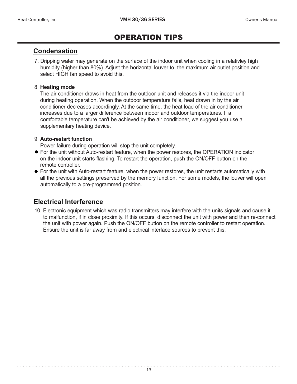Operation tips, Troubleshooting tips, Condensation electrical interference | Comfort-Aire VMH 36 Series User Manual | Page 13 / 15