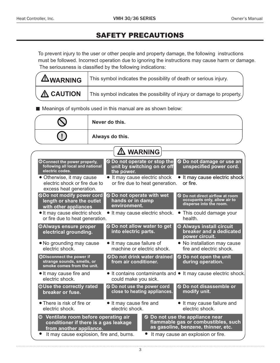 Safety precautions, Warning, Caution | Comfort-Aire VMH 36 Series User Manual | Page 3 / 15